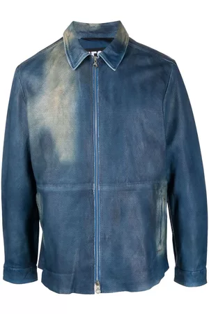 Diesel Men Leather Jackets - Faded leather zipped-up shirt jacket - Blue