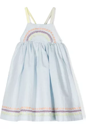 Stella McCartney Girls Printed Dresses - Floral-embroidery flared dress - Blue