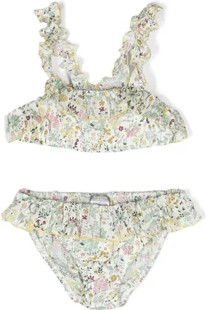 Il gufo Girls Bikini Sets - Floral-print ruffle bikini set - White