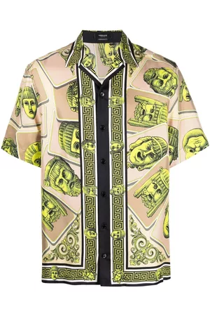 VERSACE Men Short sleeved Shirts - Graphic-print short-sleeved silk shirt - Neutrals