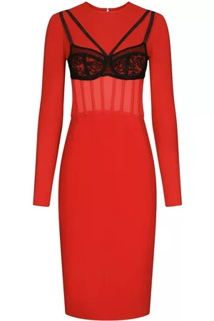 Dolce & Gabbana Women Long Sleeve Dresses - Bra-detail long-sleeve midi dress - Red