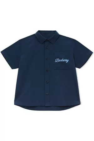 Burberry Boys Shirts - Logo script-print stretch cotton shirt - Blue