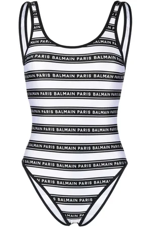 Balmain Striped logo-print swimsuit