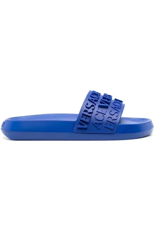 VERSACE Logo-strap flat slides - Blue