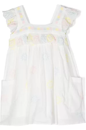 Stella McCartney Girls Printed Dresses - Floral-embroidery sleeveless dress - White