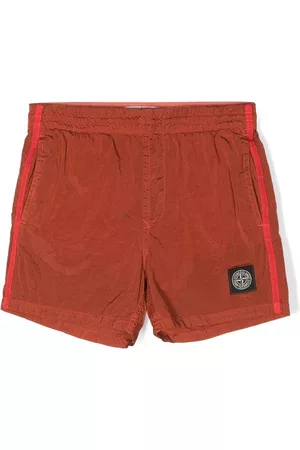 Stone Island Boys Swim Shorts - Crinkled logo-patch swim shorts - Orange