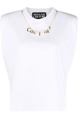 VERSACE Attached-necklace sleeveless cotton top - White
