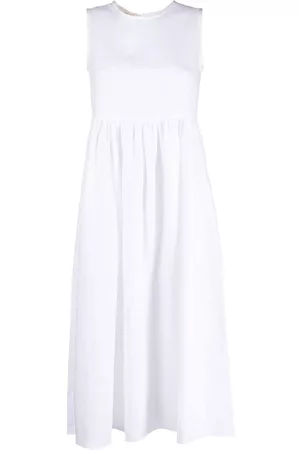 BLANCA Pleated sleeveless linen midi dress - White