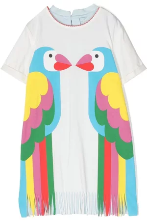 Stella McCartney Double Parrot print fringe dress - White