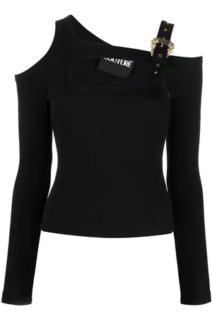 VERSACE Women Tops - Baroque Buckle ribbed cut-out top - Black
