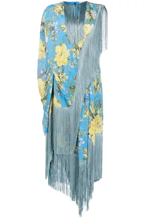 Acne Studios Women Printed Dresses - Flower-print fringe-trimmed dress - AAN-Blue