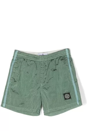 Stone Island Boys Swim Shorts - Crinkled logo-patch swim shorts - Green