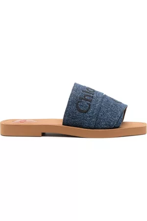 Chloé Women Sandals - Woody logo-embroidered denim slides - Blue