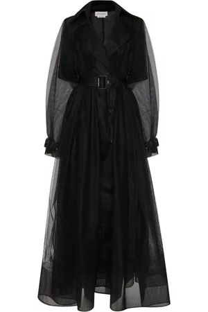 Alexander McQueen Women Trench Coats - Belted waist tulle trench coat - Black