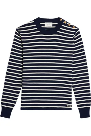 Ami Striped button-shoulder merino jumper