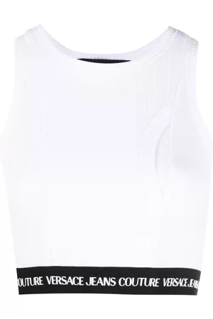VERSACE Logo-print cropped tank top - White