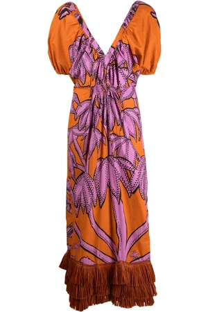 JOHANNA ORTIZ Women Puff Sleeve Dress - Palm-tree puff-sleeve dress - Orange