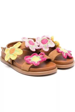 Florens Sandals - Floral crochet-appliqué leather sandals - Brown