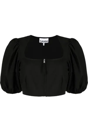 Ganni Cropped puff-sleeve blouse