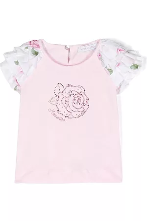 MONNALISA T-Shirts - Rhinestone floral-print T-shirt - Pink