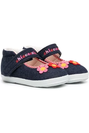 Miki House Floral shoes - Floral-embroidery denim ballerina shoes - Blue