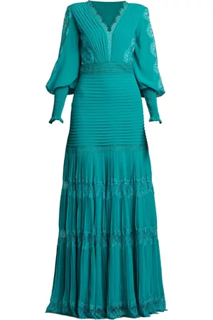 Tadashi Shoji Women Evening Dresses - Nyssa lace-trimmed pleated gown - Blue