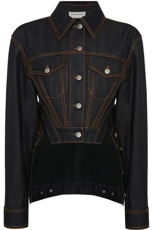 Alexander McQueen Women Denim Jackets - Asymmetric contrast-stitch denim jacket - Blue