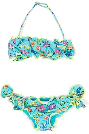 MC2 SAINT BARTH Girls Bikinis - Fish-print ruffle-detail bikini - Blue