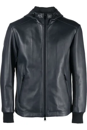 HUGO BOSS Men Leather Jackets - Zipped long-sleeved jacket - Blue