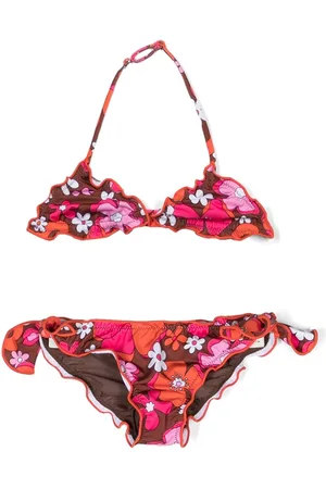 MC2 SAINT BARTH Girls Bikinis - Floral-print ruffle-detail bikini - Orange