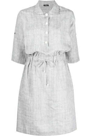 Kiton Women Printed Dresses - Plaid-pattern drawstring linen dress - Grey