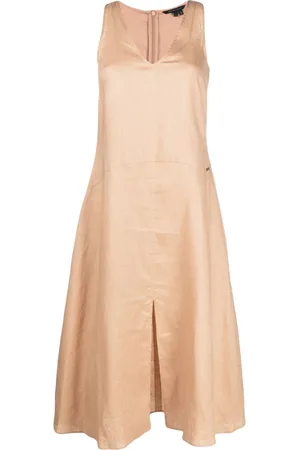 Armani Exchange Women Pleated Dresses - Pleat-detail linen shift dress - Neutrals