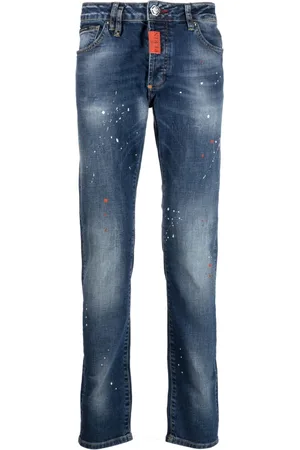 Philipp Plein Men Slim Jeans - Logo-plaque paint-splatter jeans - Blue