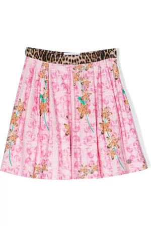 Roberto Cavalli Girls Printed Skirts - Floral-print contrast skirt - Pink