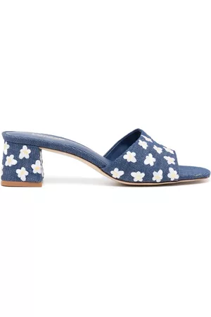 Larroude Women Mules - Floral-embroidered 50mm leather mules - Blue