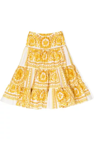VERSACE Girls Printed Skirts - Baroque-print tiered skirt - Yellow