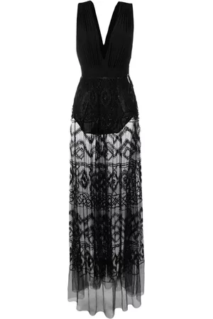 Elisabetta Franchi Women V-Neck Dresses - Rhombus-embroidered plunge-neck long dress - Black