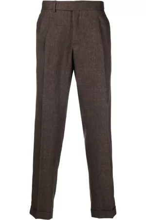 BRIGLIA Men Formal Pants - Off-centre fastening linen trousers - Brown