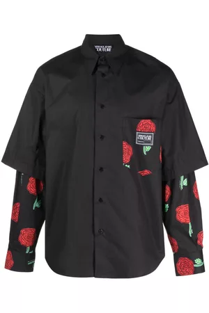 VERSACE Men Short sleeved Shirts - Rose-print overlay cotton shirt - Black
