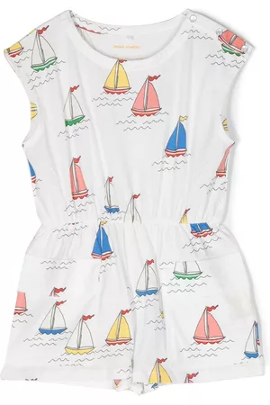 Mini Rodini Jumpsuits - Boat-print organic cotton jumpsuit - White