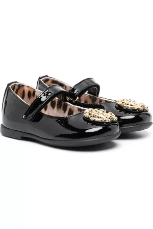 Roberto Cavalli Girls Ballerinas - Logo-plaque leather ballerina shoes - Black