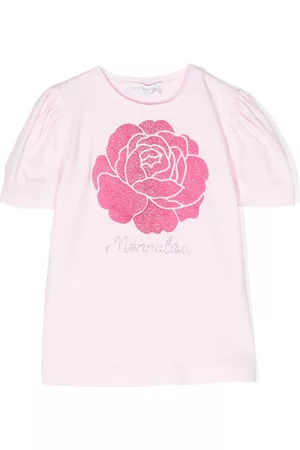 MONNALISA Girls T-Shirts - Rose-print puff-sleeve T-shirt - Pink