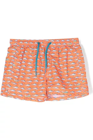 MC2 SAINT BARTH Boys Swim Shorts - Drawstring shark-print swim shorts - Orange