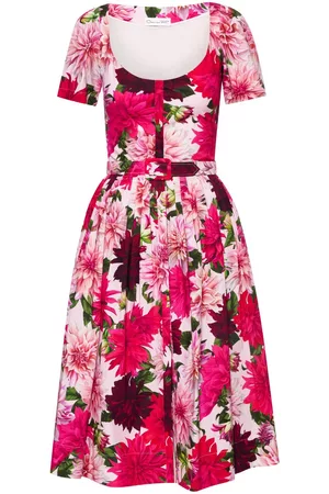 Oscar de la Renta Women Printed & Patterned Dresses - Dahlia print pleated midi dress - Pink
