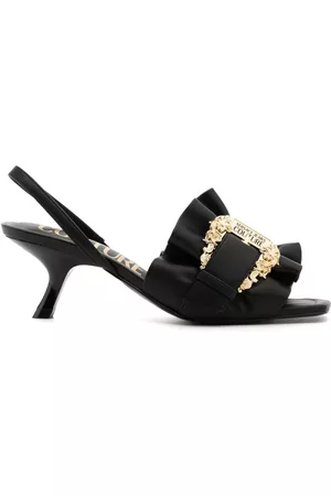 VERSACE Women Buckle Sandals - Baroque-buckle 55mm ruffled sandals - Black