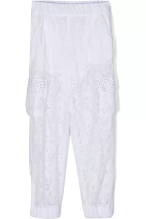 MONNALISA Girls Lace-up Pants - Rhinestone-detail lace trousers - White