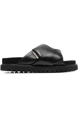 Moncler Women Sandals - Crossover strap leather slides - Black