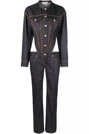 Alexander McQueen Women Jeans - Button-up backless denim jumpsuit - Blue