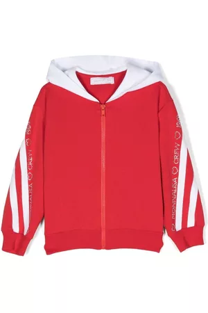 MONNALISA Girls Hoodies - Side-stripe rhinestone embellished hoodie - Red
