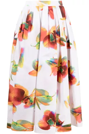 Alexander McQueen Women Printed Skirts - Solarised Orchid-print cotton midi skirt - White